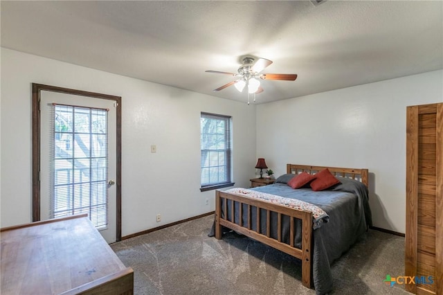 bedroom featuring carpet floors, baseboards, and a ceiling fan