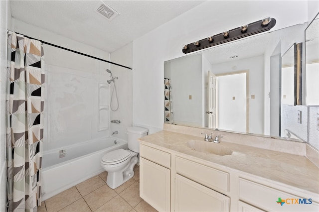 full bathroom featuring tile patterned flooring, shower / bathtub combination with curtain, a textured ceiling, and toilet