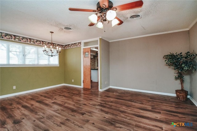 spare room featuring ceiling fan with notable chandelier, crown molding, dark wood-type flooring, and a textured ceiling