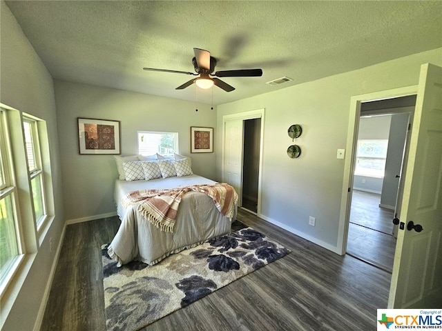 bedroom featuring multiple windows, ceiling fan, and dark hardwood / wood-style floors