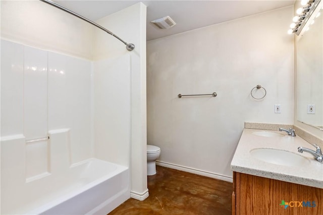 full bath featuring a sink, visible vents, toilet, and double vanity