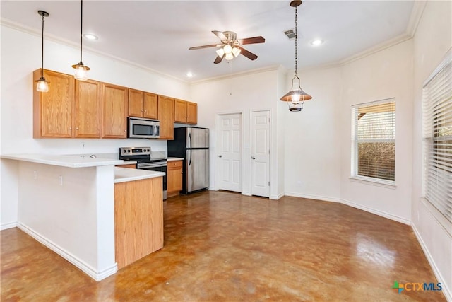 kitchen with visible vents, finished concrete floors, a peninsula, appliances with stainless steel finishes, and light countertops