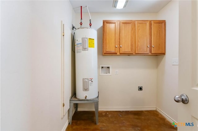 clothes washing area featuring baseboards, washer hookup, water heater, cabinet space, and hookup for an electric dryer