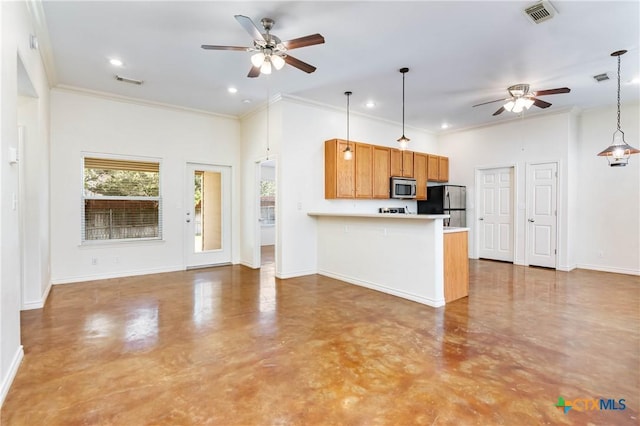 kitchen with baseboards, visible vents, concrete floors, and stainless steel appliances