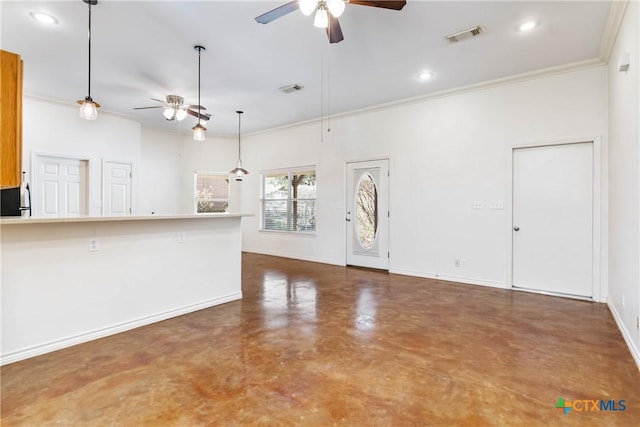 unfurnished living room featuring visible vents, finished concrete flooring, baseboards, and a ceiling fan