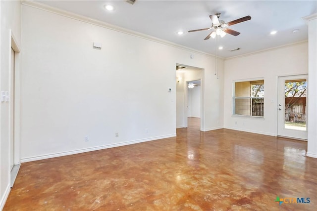 spare room with a ceiling fan, baseboards, concrete floors, recessed lighting, and crown molding