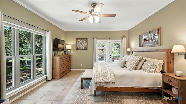 405 Pinnacle Pkwy, New Braunfels, TX 78132 - bedroom featuring multiple windows, access to exterior, french doors, crown molding, and light tile patterned flooring