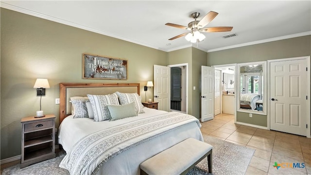 405 Pinnacle Pkwy, New Braunfels, TX 78132 - bedroom with ornamental molding, tile patterned floors, a ceiling fan, and connected bathroom