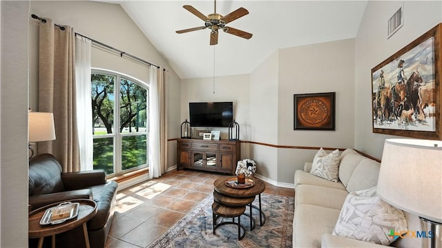 405 Pinnacle Pkwy, New Braunfels, TX 78132 - tiled living room featuring ceiling fan and vaulted ceiling