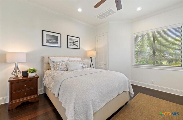 124 Schooner Dr, Lakeway, TX 78738 - bedroom with ornamental molding, wood finished floors, recessed lighting, and ceiling fan