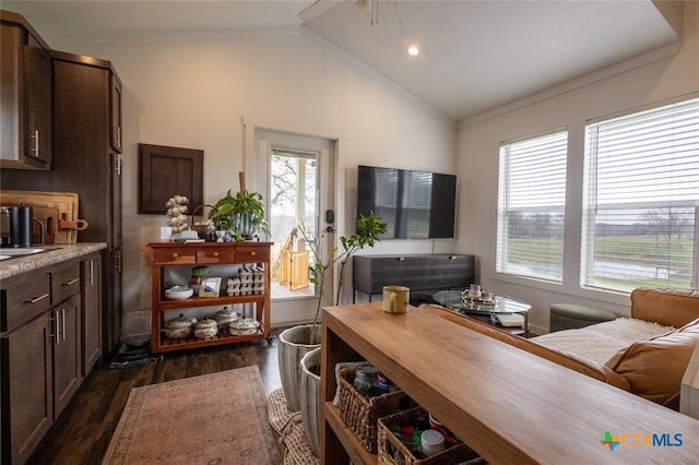 3270 Fm 671, Luling, TX 78648 - living room with a ceiling fan, ornamental molding, vaulted ceiling, recessed lighting, and dark wood-style flooring