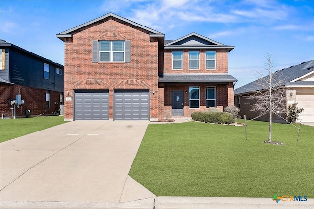 view of front facade featuring a garage, brick siding, driveway, and a front lawn