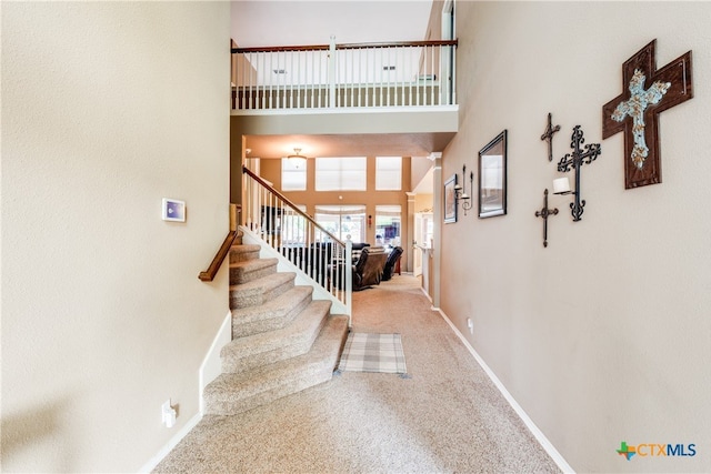 foyer with a high ceiling and carpet floors