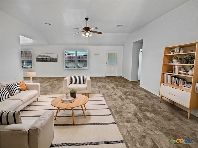 living room with visible vents, a ceiling fan, and lofted ceiling