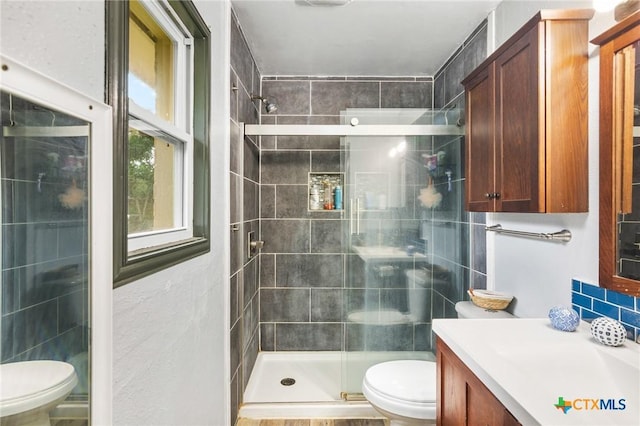 bathroom with vanity, toilet, and a shower with shower door