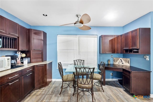 kitchen with ceiling fan and light hardwood / wood-style flooring