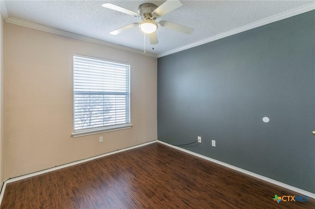 spare room with a textured ceiling, ceiling fan, ornamental molding, and wood finished floors