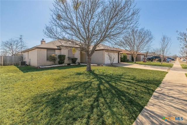 ranch-style house featuring brick siding, fence, cooling unit, driveway, and a front lawn