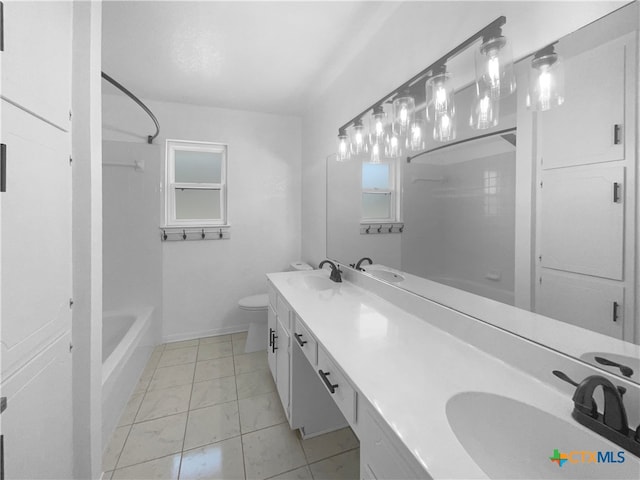 full bathroom featuring shower / washtub combination, vanity, tile patterned floors, and toilet