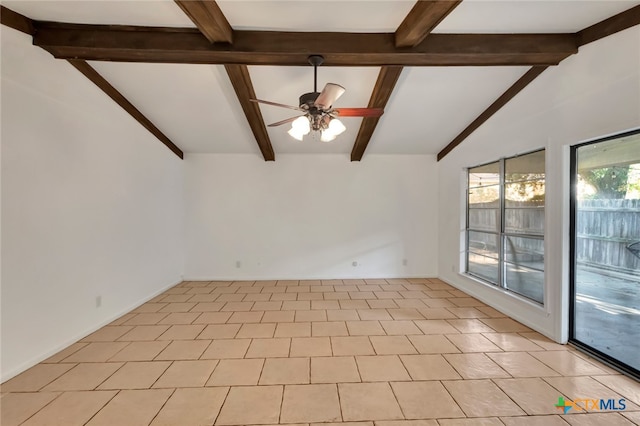 tiled empty room featuring lofted ceiling with beams and ceiling fan