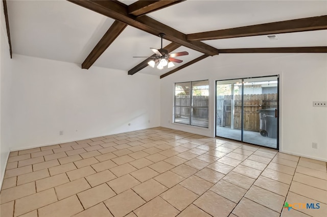 unfurnished room featuring lofted ceiling with beams, ceiling fan, and light tile patterned flooring