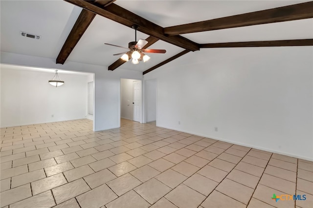 spare room featuring lofted ceiling with beams, light tile patterned floors, and ceiling fan