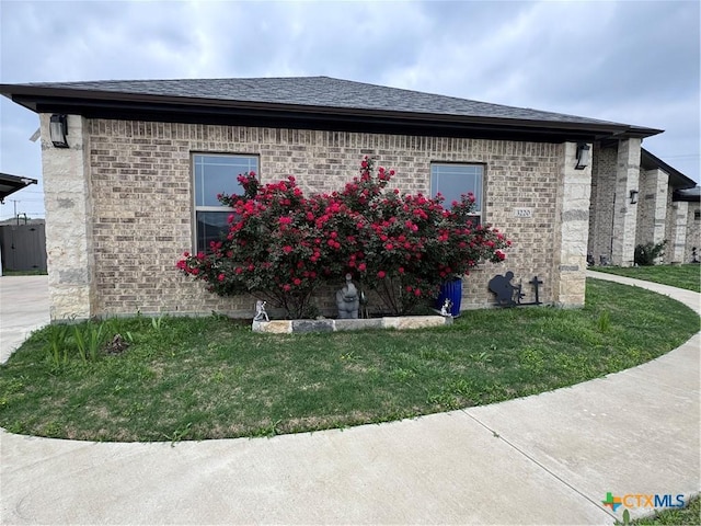 3220 Wild Seed Dr, Salado, TX 76571 - view of side of home with brick siding, a shingled roof, and a yard