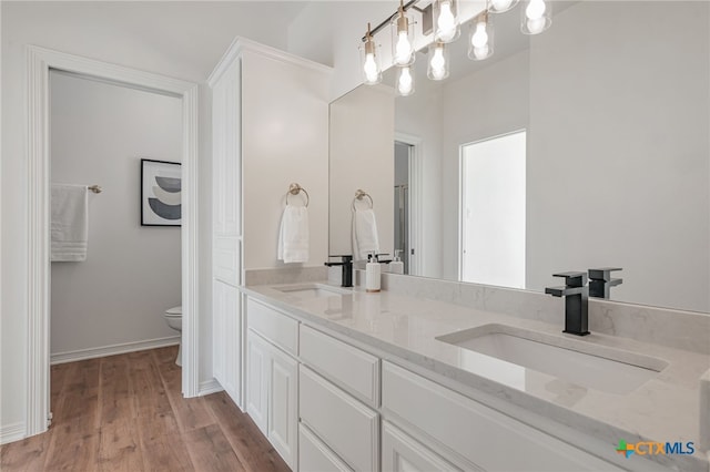 200 Tovas Secret Cv, Georgetown, TX 78628 - full bathroom featuring double vanity, toilet, and wood finished floors