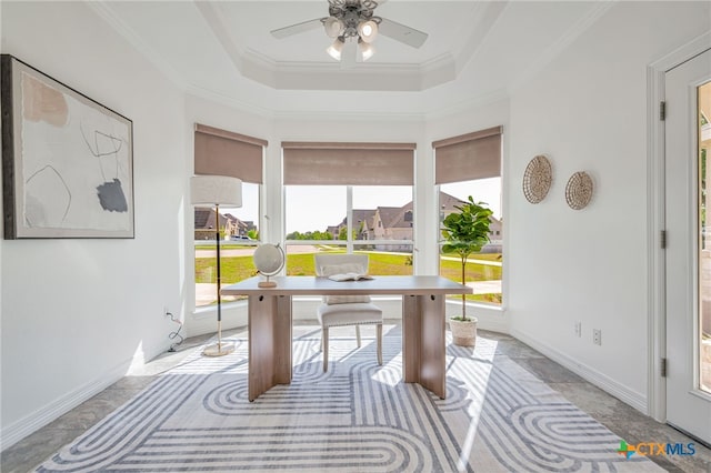 200 Tovas Secret Cv, Georgetown, TX 78628 - office with plenty of natural light, a raised ceiling, ceiling fan, ornamental molding, and baseboards