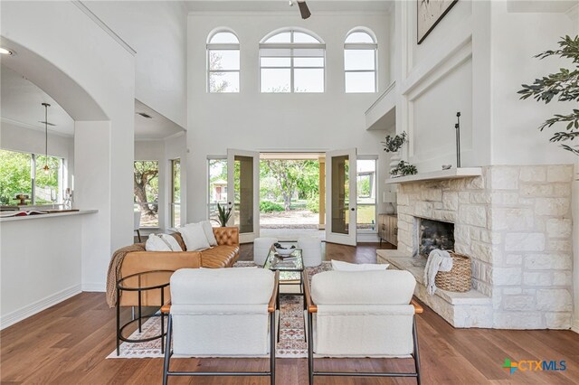 200 Tovas Secret Cv, Georgetown, TX 78628 - living area with healthy amount of natural light, dark wood-style flooring, crown molding, baseboards, and a high ceiling