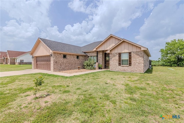 7112 Kc Ranch Ct, Temple, TX 76501 - ranch-style house with a front lawn, brick siding, a garage, board and batten siding, and driveway