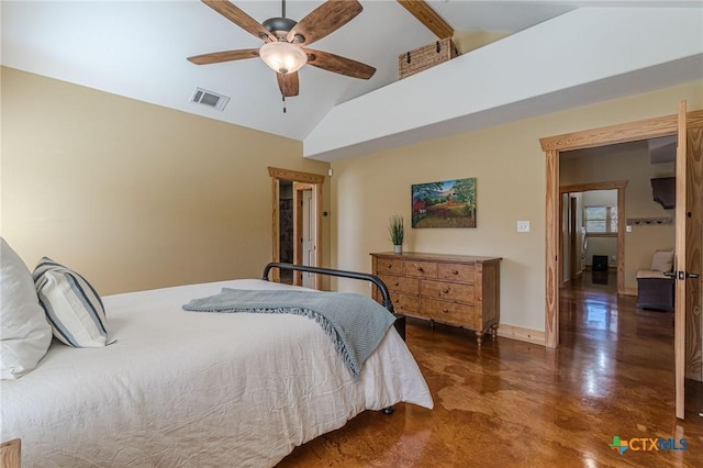 bedroom with visible vents, baseboards, finished concrete floors, high vaulted ceiling, and a ceiling fan