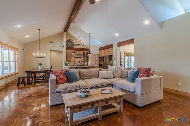 living room featuring beamed ceiling, visible vents, high vaulted ceiling, an inviting chandelier, and baseboards