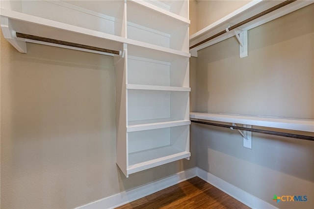 walk in closet with dark wood-type flooring