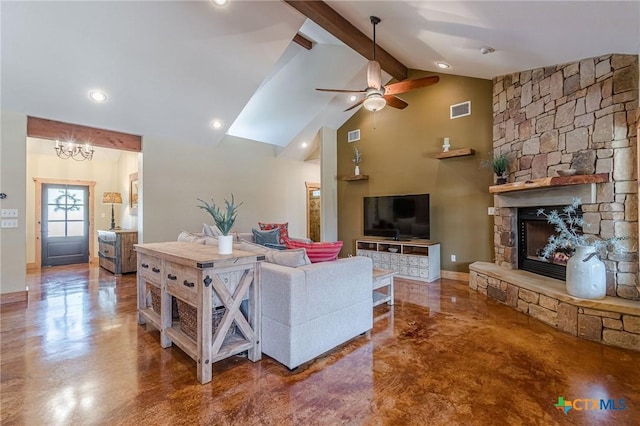 living area featuring visible vents, beamed ceiling, high vaulted ceiling, ceiling fan with notable chandelier, and a stone fireplace