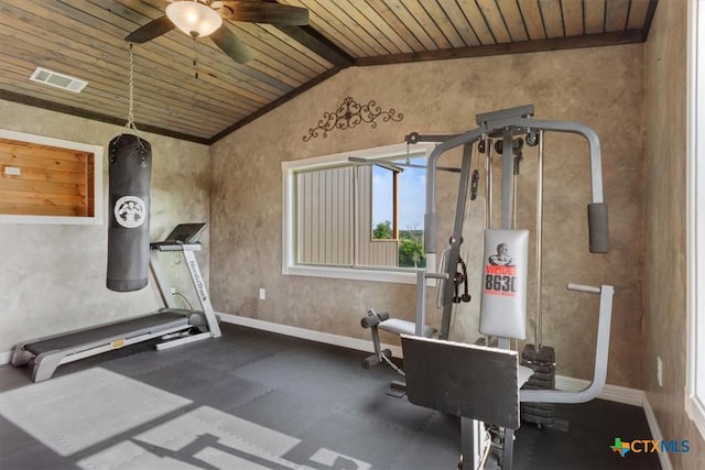 343 Riverside Dr, Killeen, TX 76542 - exercise room with wood ceiling, ceiling fan, lofted ceiling, baseboards, and plenty of natural light