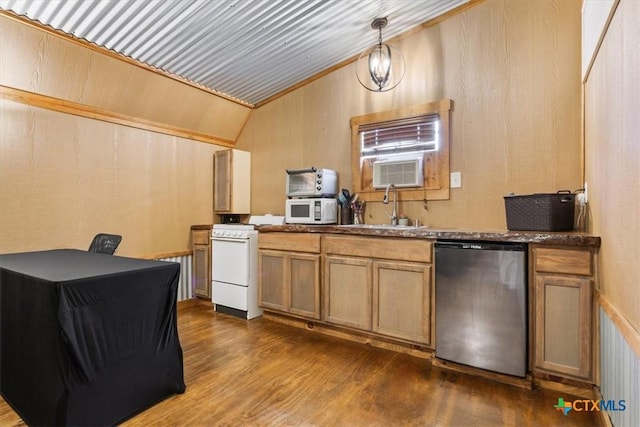 343 Riverside Dr, Killeen, TX 76542 - kitchen with white appliances, a sink, lofted ceiling, dark wood-type flooring, and dark countertops