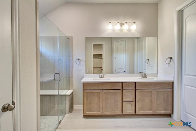 bathroom with a sink, a shower stall, and double vanity