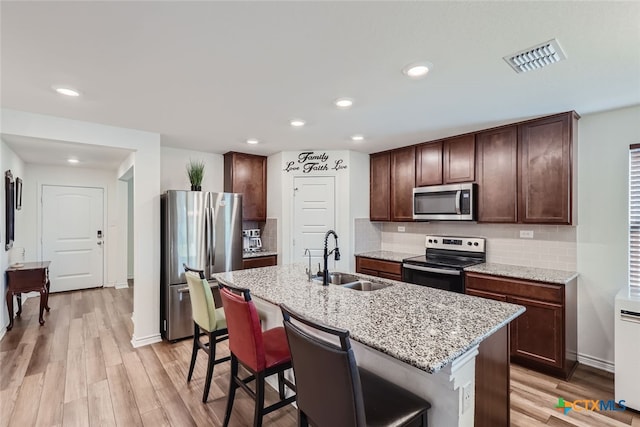 kitchen with stainless steel appliances, a center island with sink, sink, tasteful backsplash, and light hardwood / wood-style flooring