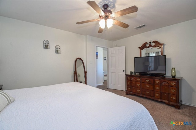 bedroom featuring a ceiling fan, visible vents, and carpet floors