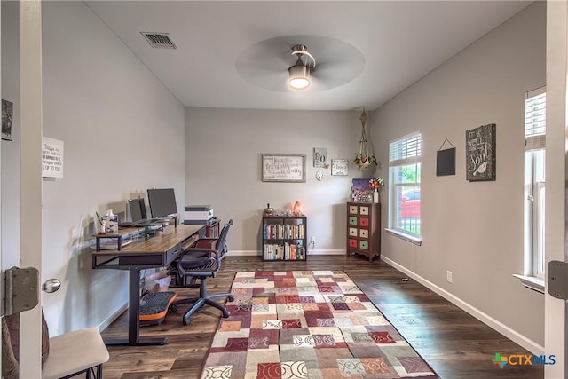 office featuring dark wood finished floors, ceiling fan, baseboards, and visible vents