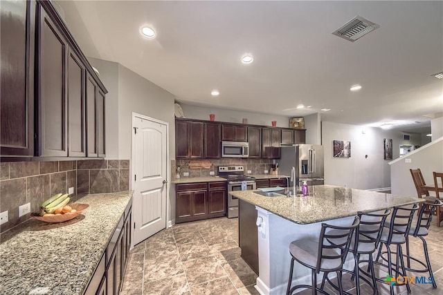 kitchen featuring a sink, a breakfast bar, stainless steel appliances, backsplash, and visible vents