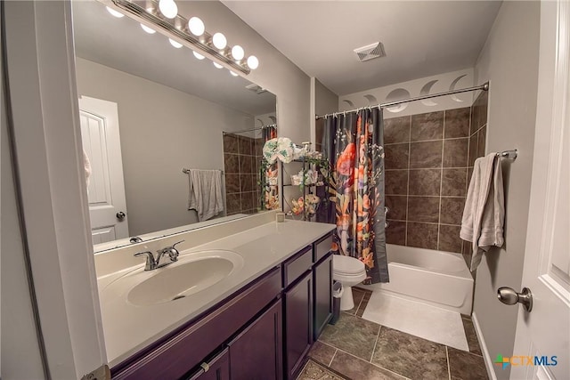 bathroom with toilet, vanity, shower / tub combo with curtain, and visible vents