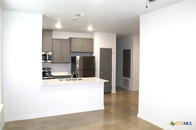 kitchen with stainless steel appliances, gray cabinets, sink, and a textured ceiling