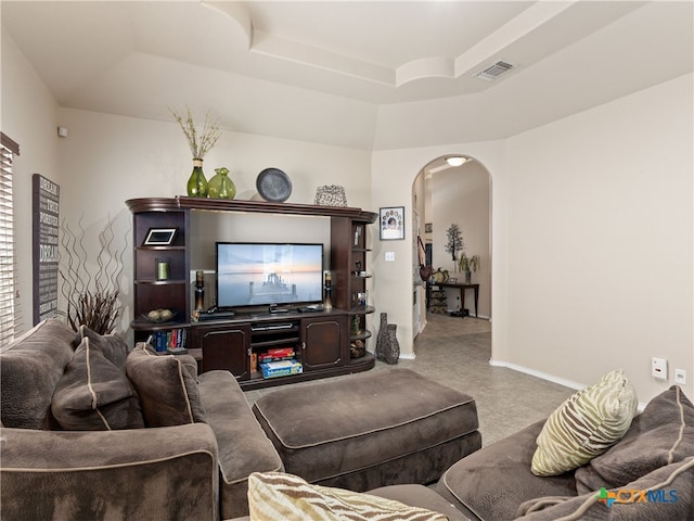 9823 Amberg Path, Helotes, TX 78023 - living room with arched walkways and a tray ceiling