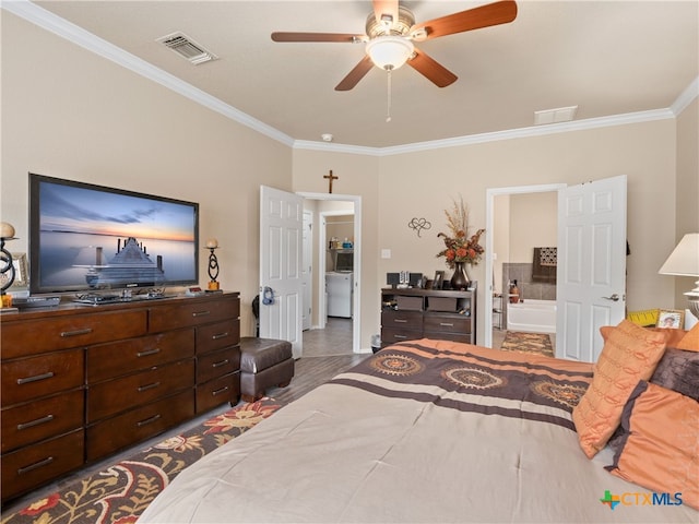 9823 Amberg Path, Helotes, TX 78023 - bedroom featuring crown molding, ceiling fan, and ensuite bathroom