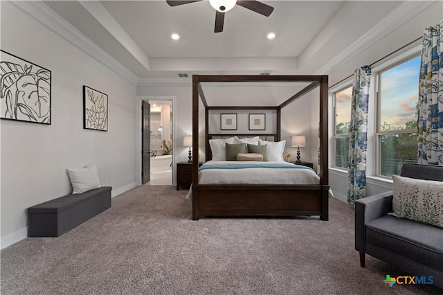 bedroom featuring ceiling fan, connected bathroom, and carpet flooring