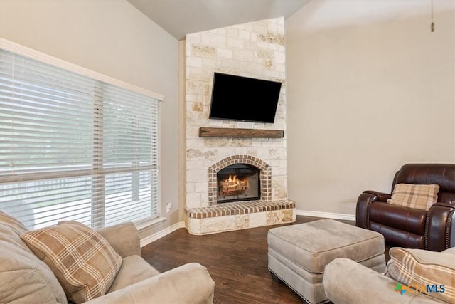 13 Mojave Ln, Belton, TX 76513 - living area featuring vaulted ceiling, a stone fireplace, and wood finished floors