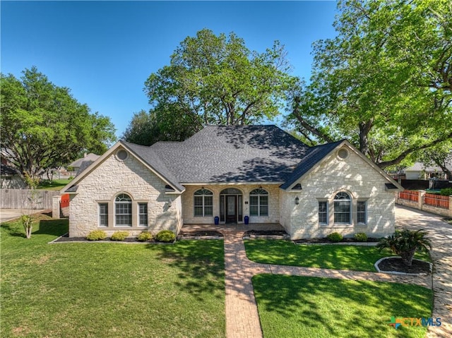133 Rio Azul, Seguin, TX 78155 - french country inspired facade with roof with shingles, stone siding, a front yard, and fence