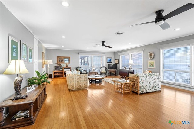 living room featuring ceiling fan, crown molding, and light hardwood / wood-style flooring